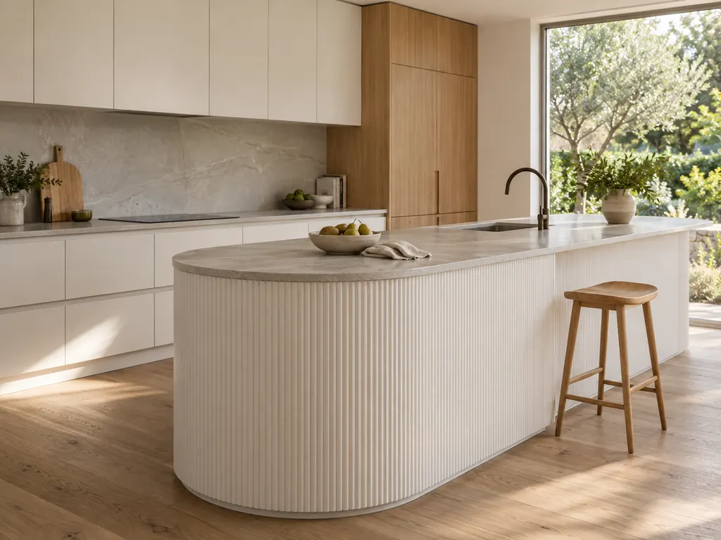 Concept image: ivory kitchen with a curved, fluted island, stone benchtop and tall oak pantry doors