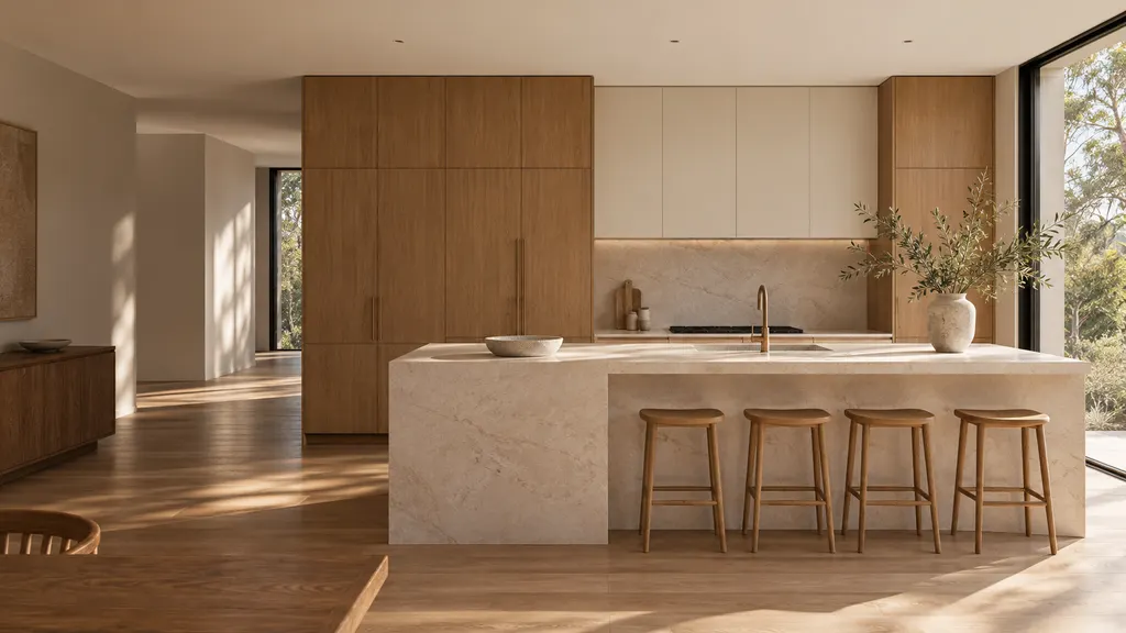 Concept image: light-filled kitchen with tall oak cabinetry, ivory overhead doors and a pale stone island with timber stools