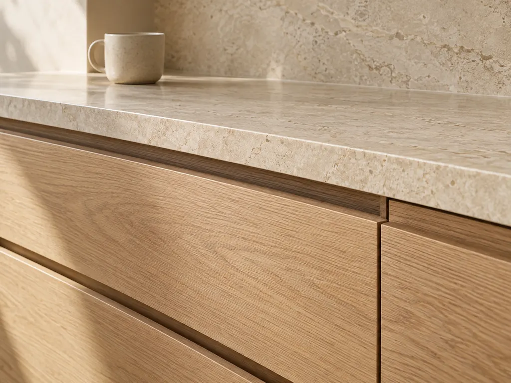 Concept image: close-up of handleless oak drawer fronts beneath a honed stone benchtop