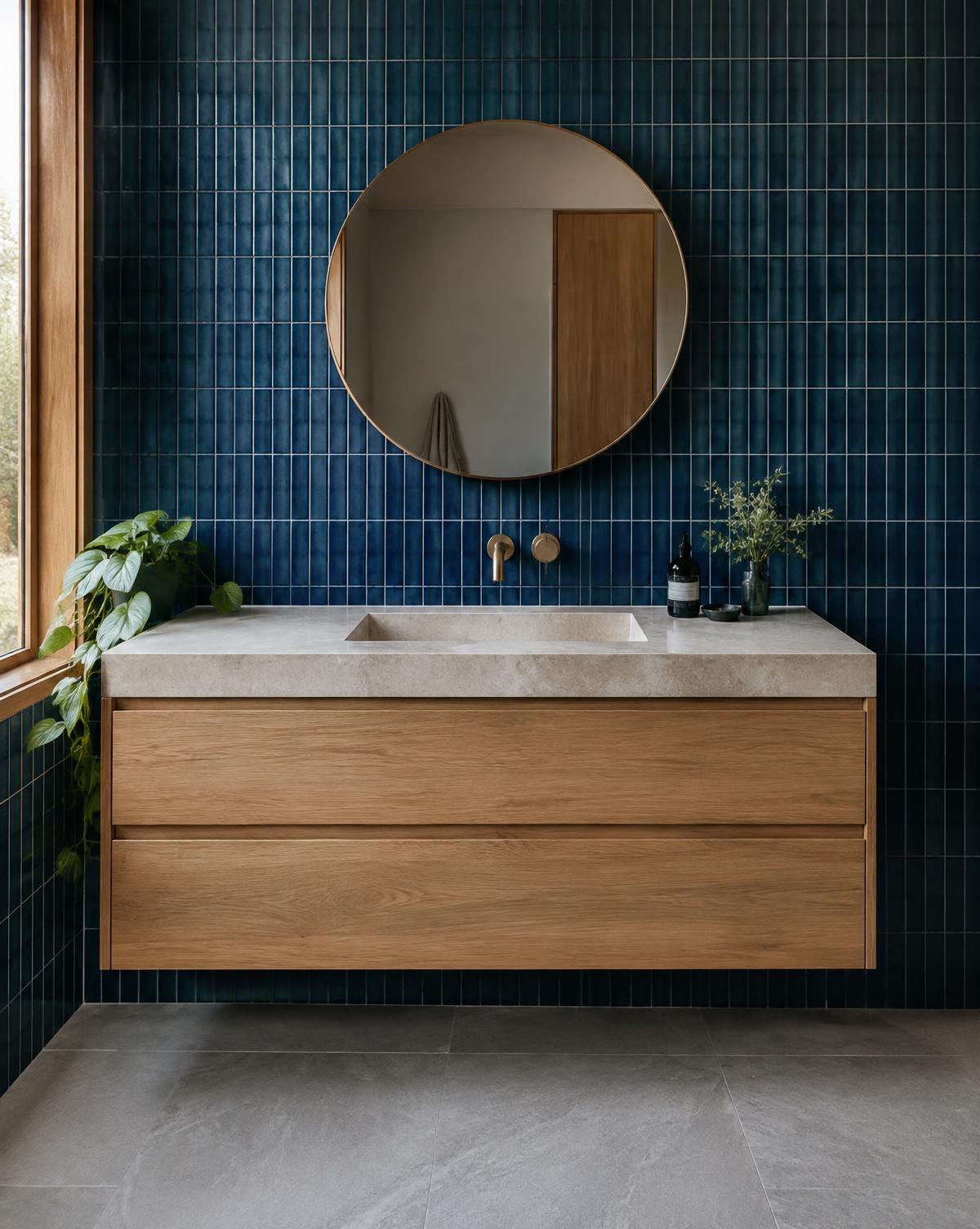 Concept image: wall-hung oak vanity with stone top against navy tiles