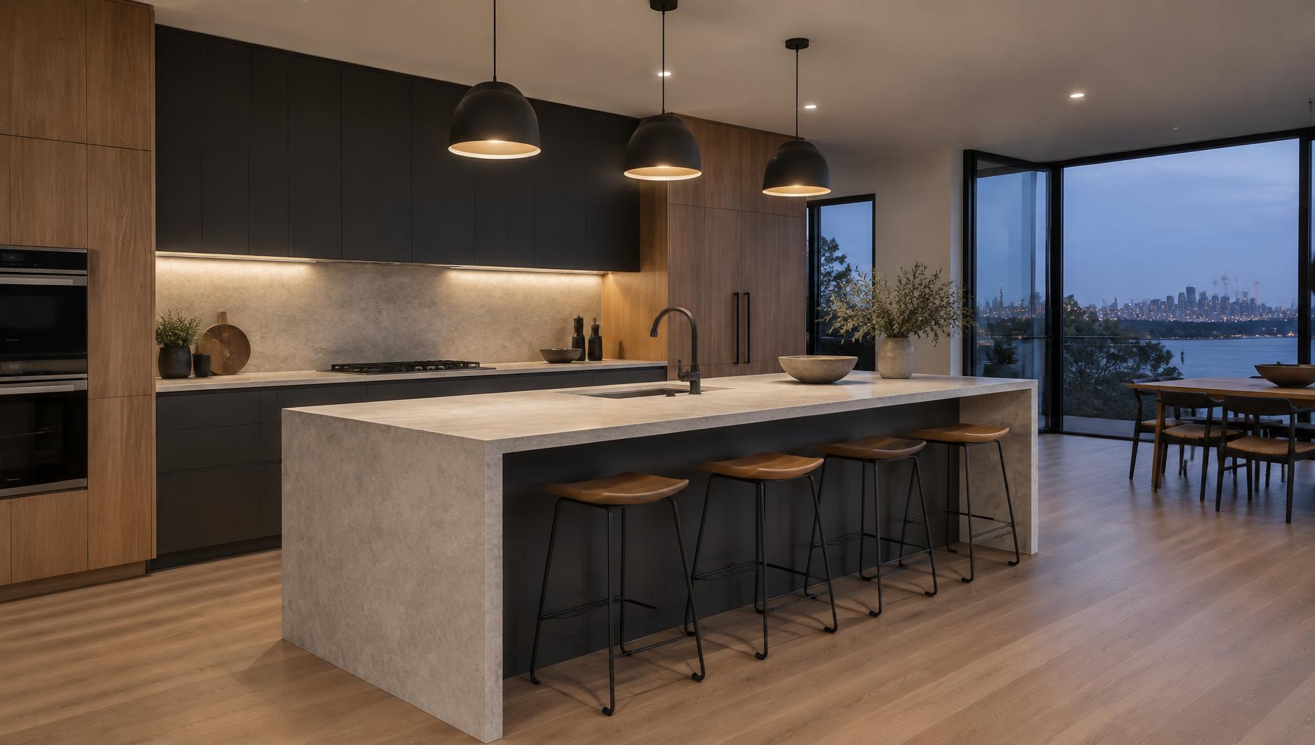 Concept image: Charcoal doors, natural oak talls, pale stone.