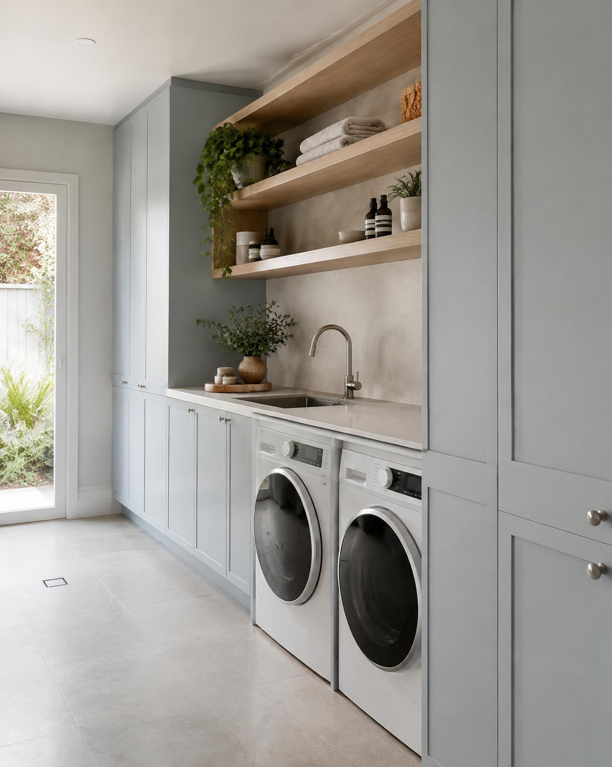 Concept image: pale blue-grey laundry cabinetry with oak shelves
