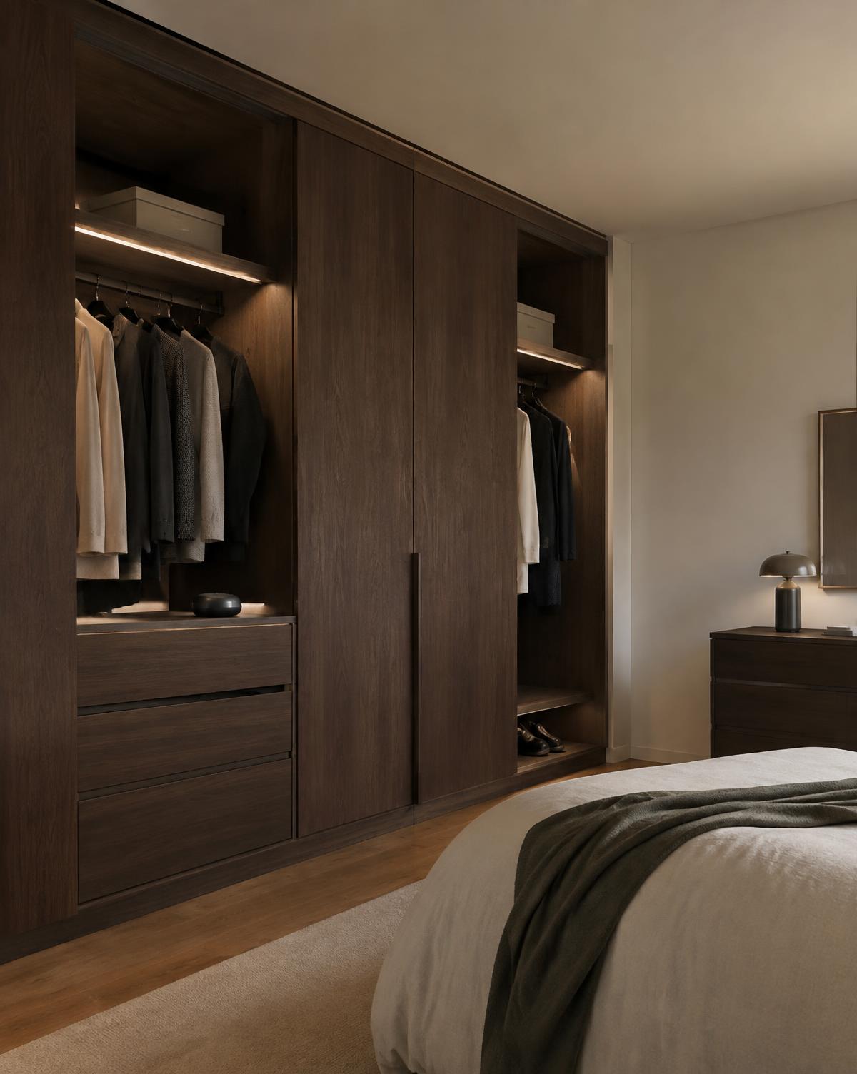 Concept image: walnut built-in wardrobe with lit open hanging