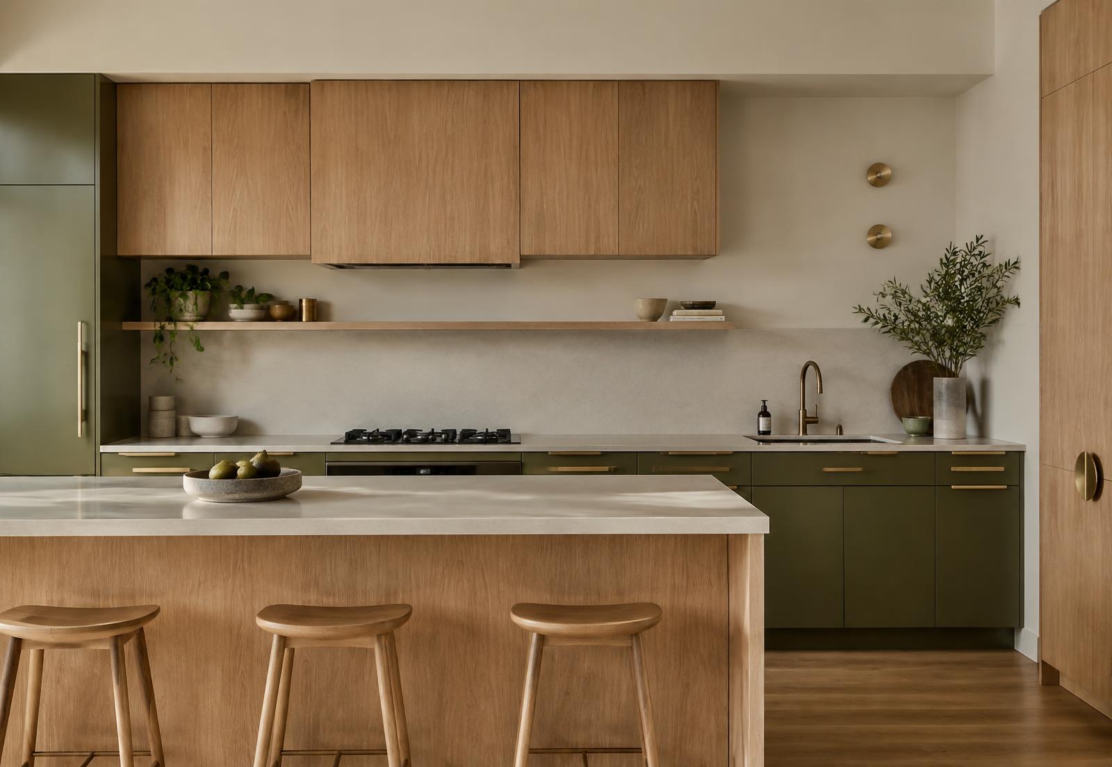 Concept image: oak kitchen with stone benchtop